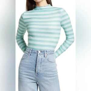 NWT Cali Be Thermal Rib Shirt Long Sleeve Blue stripes Lettuce Neck L